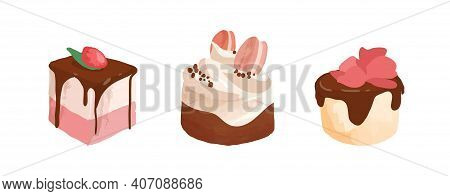 Pastry, Cupcake, Piece Of Cake Decorated With Flower Petals, Berry And Macaron. Set Of Sweet Dessert