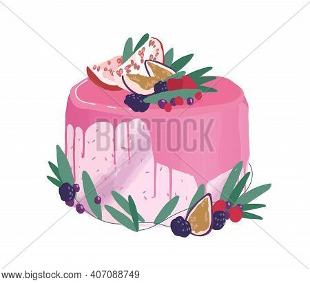 Wedding Or Birthday Dessert Decorated With Berries, Fruits And Drippy Topping. Festive Layered Cream