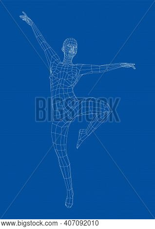 Wireframe Ballerina Or Dancer In Dance Pose. Vector 3d Rendering