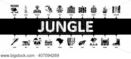 Jungle Tropical Forest Minimal Infographic Web Banner Vector. Jungle Tree And Animal, Waterfall And 