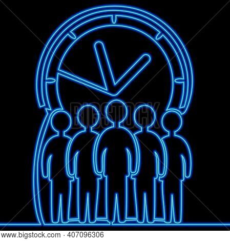 Continuous One Single Line Drawing Businessmen Crowd And Giant Clock Icon Neon Glow Vector Illustrat