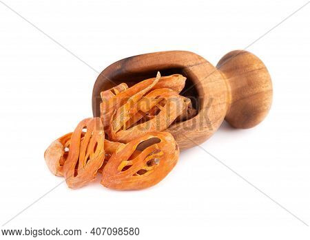 Mace In A Wooden Scoop, Isolated On White Background. Nutmeg Flower, Myristica Fragrans. Natural , A
