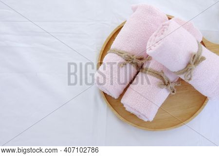 Beautiful Spa Composition On Massage Table , Spa Relax Concept, Copy Space, Beautiful Spa Set On Woo