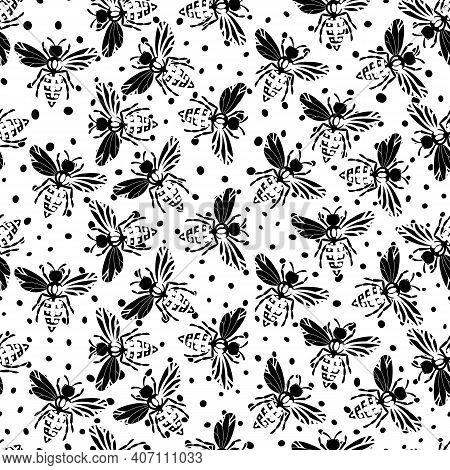 Seamless Pattern With Bees Silhouette On White Background. Adorable Cartoon Wasp Character. Template