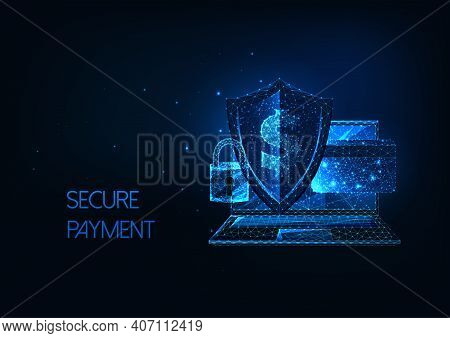 Futuristic Secure Payment, Online Banking Concept With Laptop, Sheld, Lock, Credit Card And Dollar