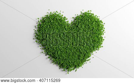Green clover heart on white background. St Patric's Day. 3D illustration