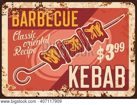 Barbecue Kebab Rusty Vector Metal Plate. Meat And Tomatoes Pieces On Skewers Vintage Rust Tin Sign. 