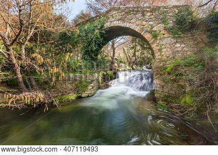 Mountain Stream Rushing Through A Woodland And Cascading Beneath An Ancient Genoese Bridge Near Feli
