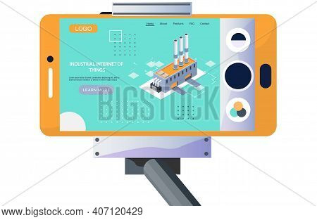 Tripod With Smartphone And Innovative Production Building. Industrial Internet Of Things. Industry A