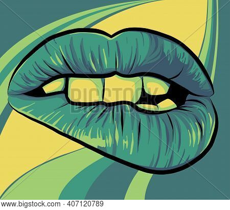 Open Mouth With Lips Biting. Womens Mouth. Vector Illustration.