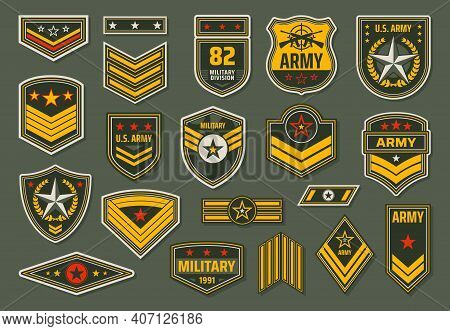 Usa Armed Forces Badges, Military Service Staff Ranks Insignia. Army Emblems, Shoulder Chevrons Or E