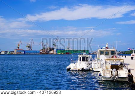 PULA, CROATIA - SEPTMBER 18, 2020: Summer viewof the adriatic sea harbour of Pula, Croatia, Europe