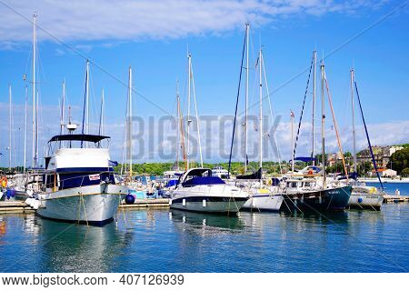 PULA, CROATIA - SEPTMBER 18, 2020: Summer viewof the adriatic sea harbour of Pula, Croatia, Europe