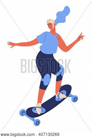 Young Woman In Helmet On Board Riding Down While Mountainboarding. Isolated On White Sport And Healt