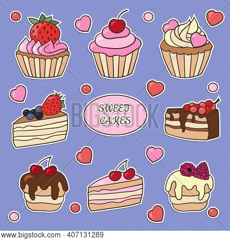 Vector Set Of Beautiful Stickers With Sweet Cakes And Cupcakes With Berries And Icing, For Design An