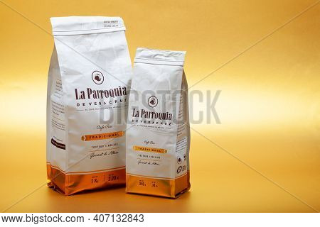 Prague,czech Republic -  8 February, 2021: Two Packages Of Coffee La Parroquia De Verakruz On The Go