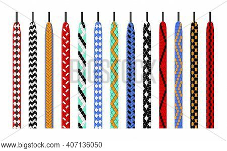 Patterned Shoelace. Combined Color Options Ties, Shoes Ropes With Bright Colorful Patterns, Variegat