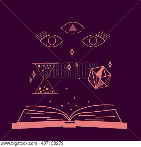 Illustration Of Spiritual Seance. Set Of Magic Items, Hourglass, Magic Crystal. Opening Third Eye Of