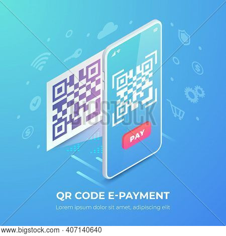 Qr Code E-payment Banner. 3d Scanning Barcode On Smartphone Screen And Icons, Qr Pay Isometric Vecto