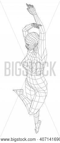 Wireframe Ballerina Or Dancer In Dance Pose. Vector 3d Rendering