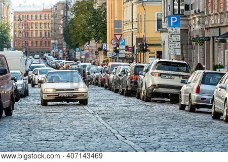Riga, Latvia - October 7, 2020: The City Center Is Crowded With Cars Parked On The Side Of The Stree