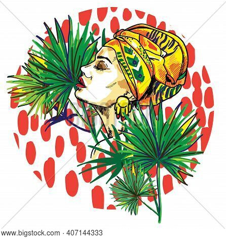 The Girl With A Scarf On Her Head. Oriental Girl With A Chump, African. Exotic, Bright Girl. Tropica