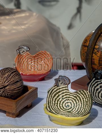 Set Of Chickens Shaped Ceramics Cup And Dried Cerbera Oddloam's Seed To Decorate The House Beautiful