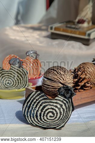 Set Of Chickens Shaped Ceramics Cup And Dried Cerbera Oddloam's Seed To Decorate The House Beautiful