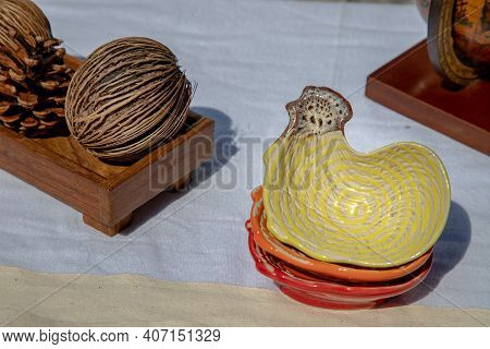 Set Of Chickens Shaped Ceramics Cup And Dried Cerbera Oddloam's Seed To Decorate The House Beautiful