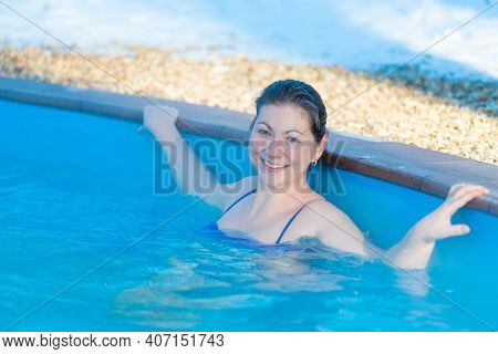 Winter Wellness Spa Resort Woman Swimming In Hot Spring Thermal Pools Bath