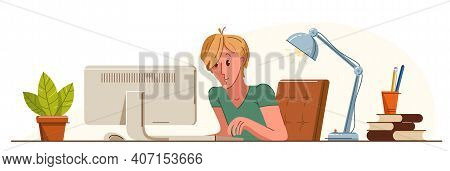 Young Man Office Worker Pensive Concentrated On Her Work Vector Flat Illustration Isolated, Serious 