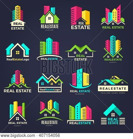 Real Estate Badges. Business Construction Logo Houses Elegant Symbols Recent Vector Illustrations. B