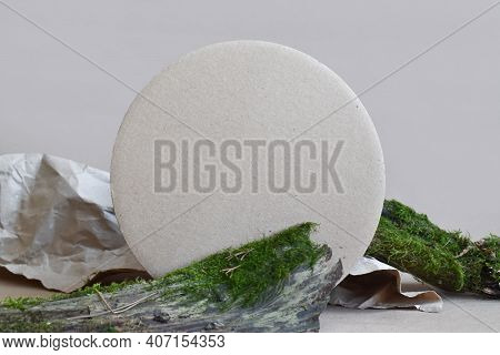 Frame For Presentation. Minimal Background Made Of Natural Wood, Paper And Moss. Prerequisites For B