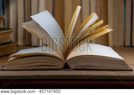 Book Background. Old Books In The Library. Bookshelf Shop. Knowledge, Publications, Literature. Book