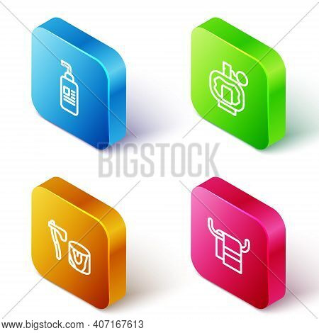 Set Isometric Line Cream Or Lotion Cosmetic Tube, Aftershave, Wooden Axe In Stump And Towel Hanger I