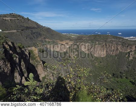 Volcanic Landscape Of Caldera De Bandama Crater And Peak Pico De Bandama. Gran Canaria, Spain. Sunny