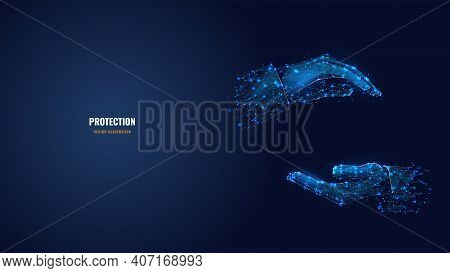 Two Human Hands Holding Or Hugging Something In Dark Blue. Abstract Vector 3d Arm, Palm Wireframe Lo
