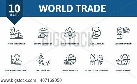 World Trade Icon Set. Collection Contain Development Solution, Risks Management, Global Economics, E