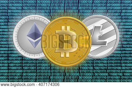 Illustration Of Three Digital Crypto Currencies, Bitcoin, Litecoin And Ethereum On Black Background.
