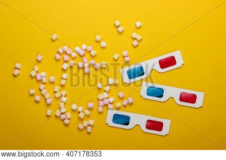 Anaglyph Disposable Paper 3d Glasses With Marshmallows On A Yellow Background. Top View. Pop Art, Mi