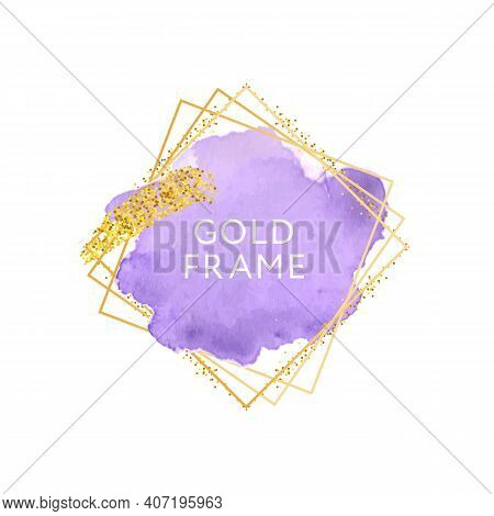 Violet Pupur Pink Brush Strokes And Gold Frame. Abstract Vector Watercolor Background.