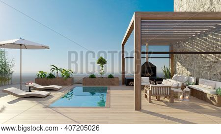 3d Rendering Of Luxurious Sundeck With Swimming Pool And Clear View. Deck Chairs With Umbrella And F