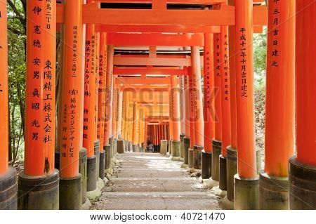 Slavné šintoistická svatyně Fushimi Inari Taisha nedaleko Kjóta zahrnuje kolem 1300 oranžové torii brány, Jap