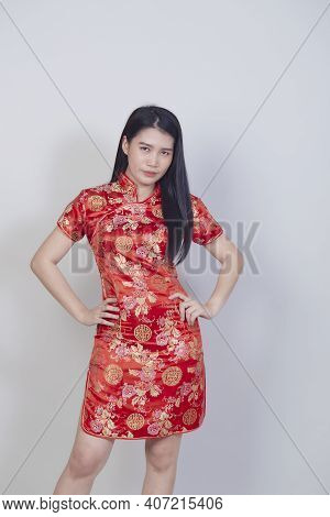 Asian Woman Wearing Traditional Cheongsam Qipao
