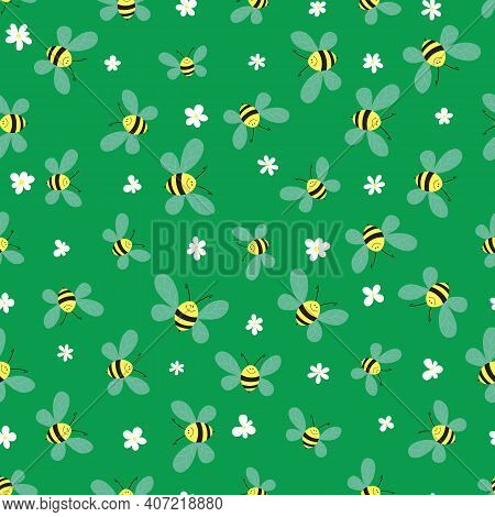 Seamless Pattern With Bees And Flowers On Green Background. Adorable Cartoon Wasp Characters. Templa