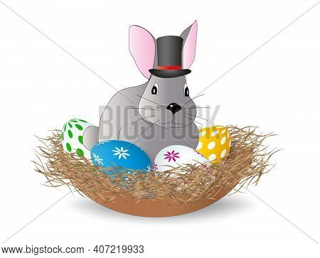 Cartoon Easter Bunny In A Top Hat Sits In A Nest With Easter Eggs On A White Background. Vector.