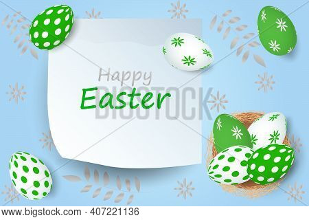 Easter Poster And Banner Template With Easter Eggs In A Nest On A Light Blue Background. Vector Illu