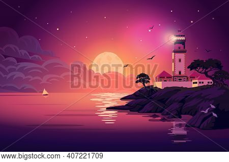 Lighthouse - Vector Landscape. Sea Landscape With Beacon On The Cliff At Night. Vector Horizontal Il