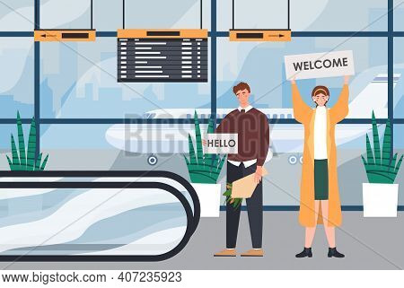 Male And Female Characters Are Waiting For Someone In The Airport Hall. Man And Woman Greet Someone 