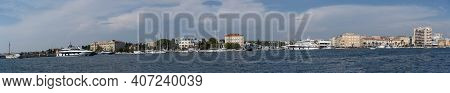 Zadar, Croatia - Aug 13, 2020: Panoramic View Of Coast Line On New City Harbour